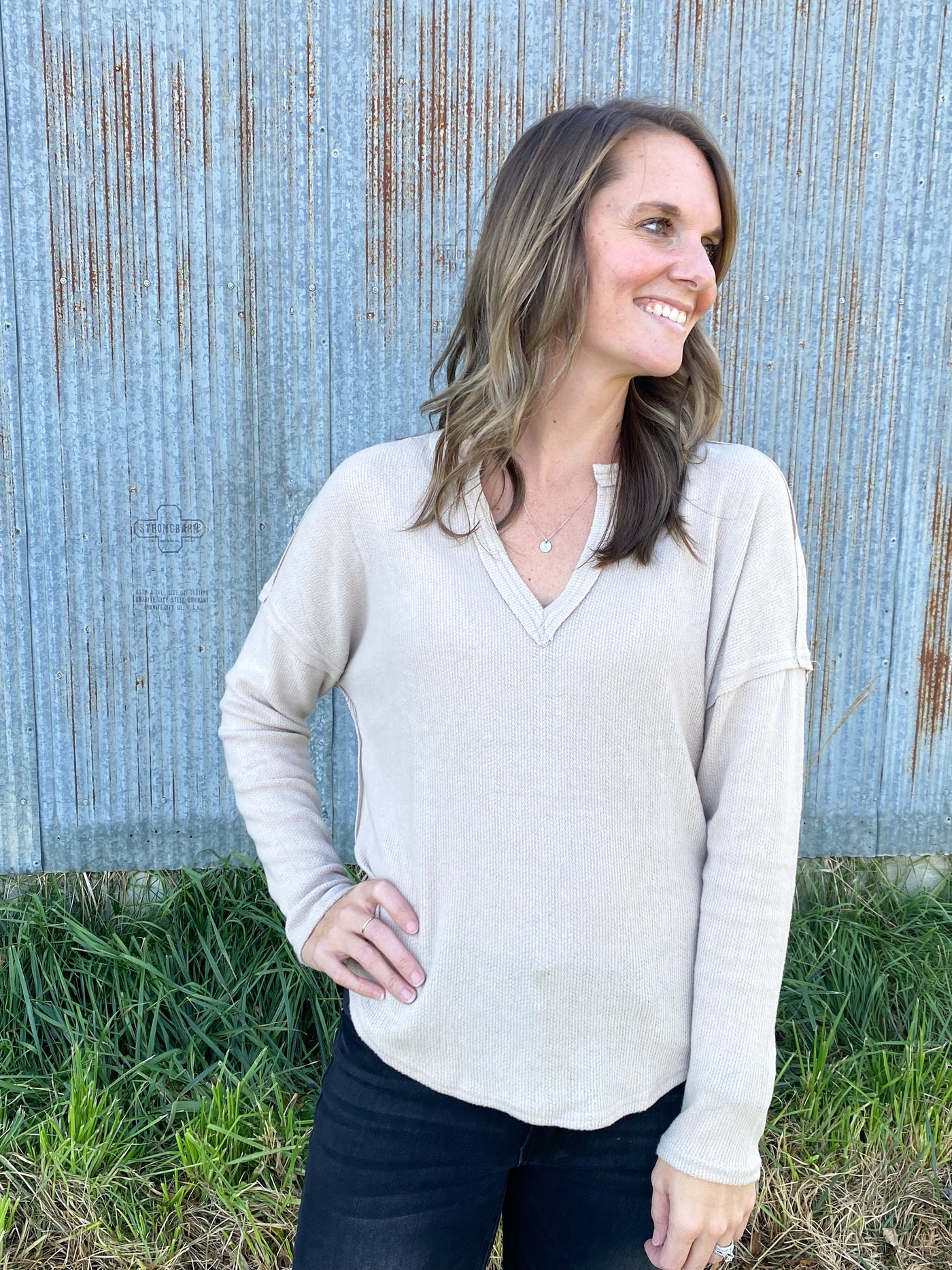 V Neckline Long Sleeve -Khaki