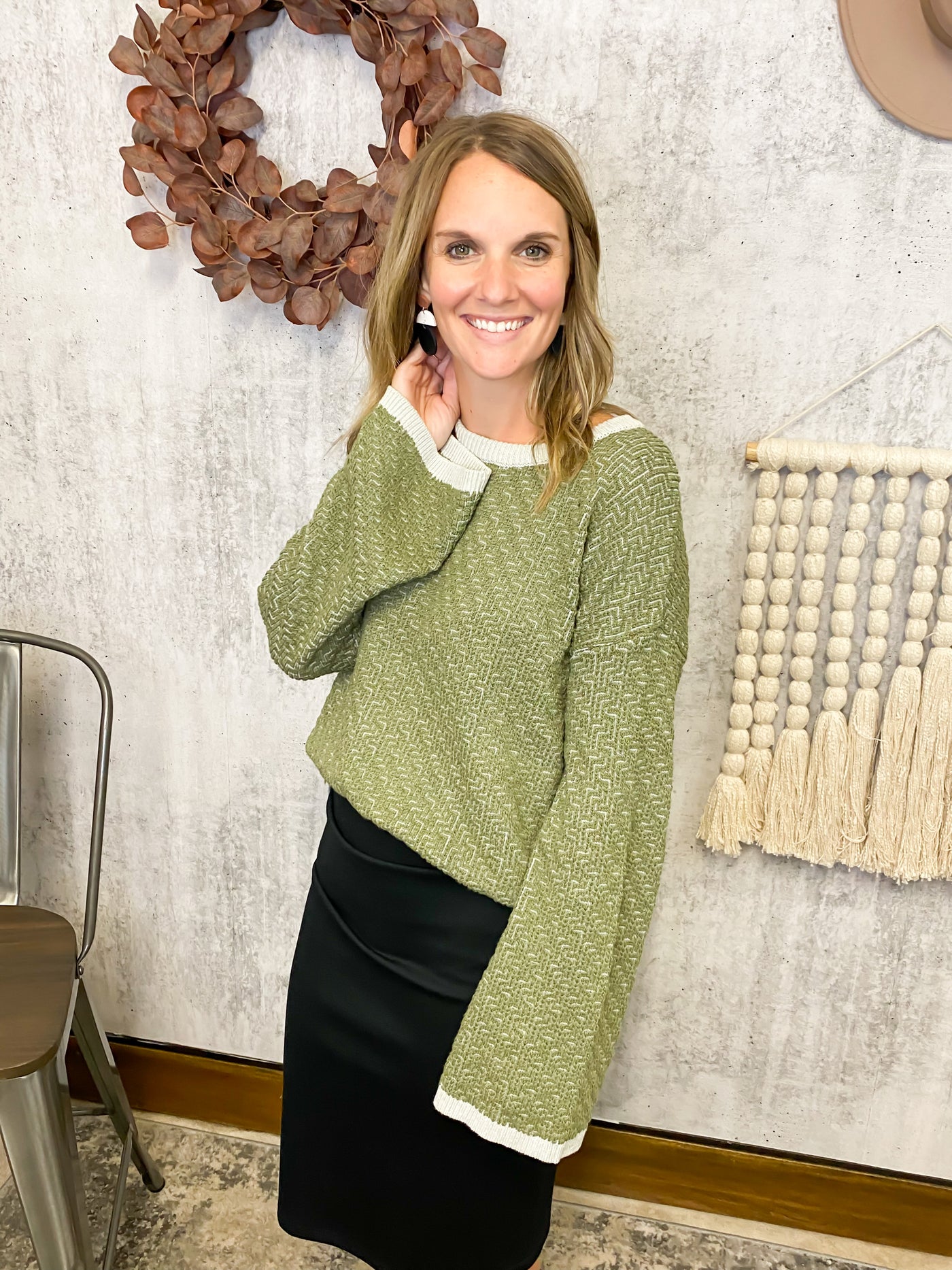 Two Tone Bell Sleeve Sweater- Olive