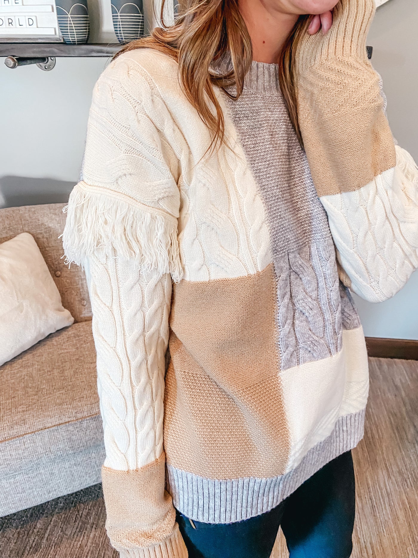 Color Block Cable Knit Mix Sweater-Natural