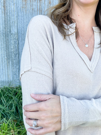 V Neckline Long Sleeve -Khaki
