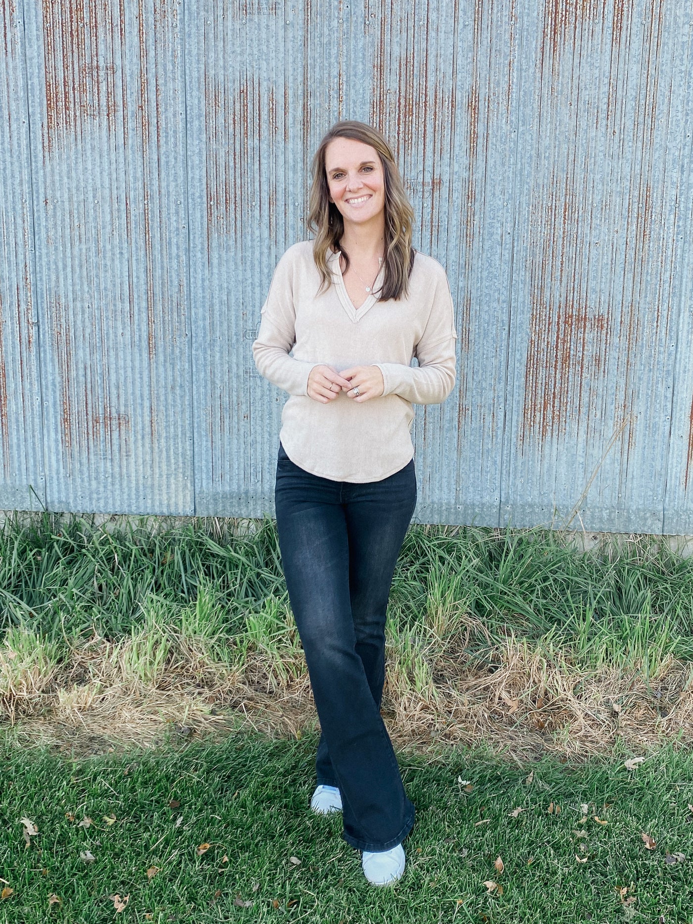 V Neckline Long Sleeve -Khaki