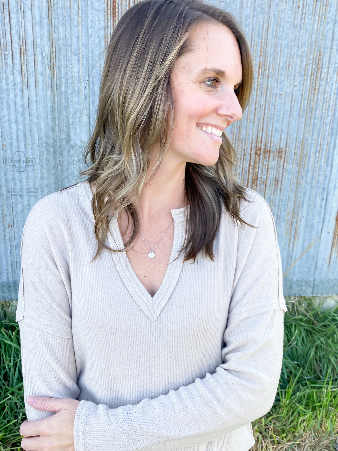 V Neckline Long Sleeve -Khaki