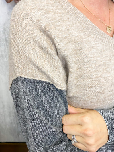V Neck Denim Sleeve Sweater- Tan