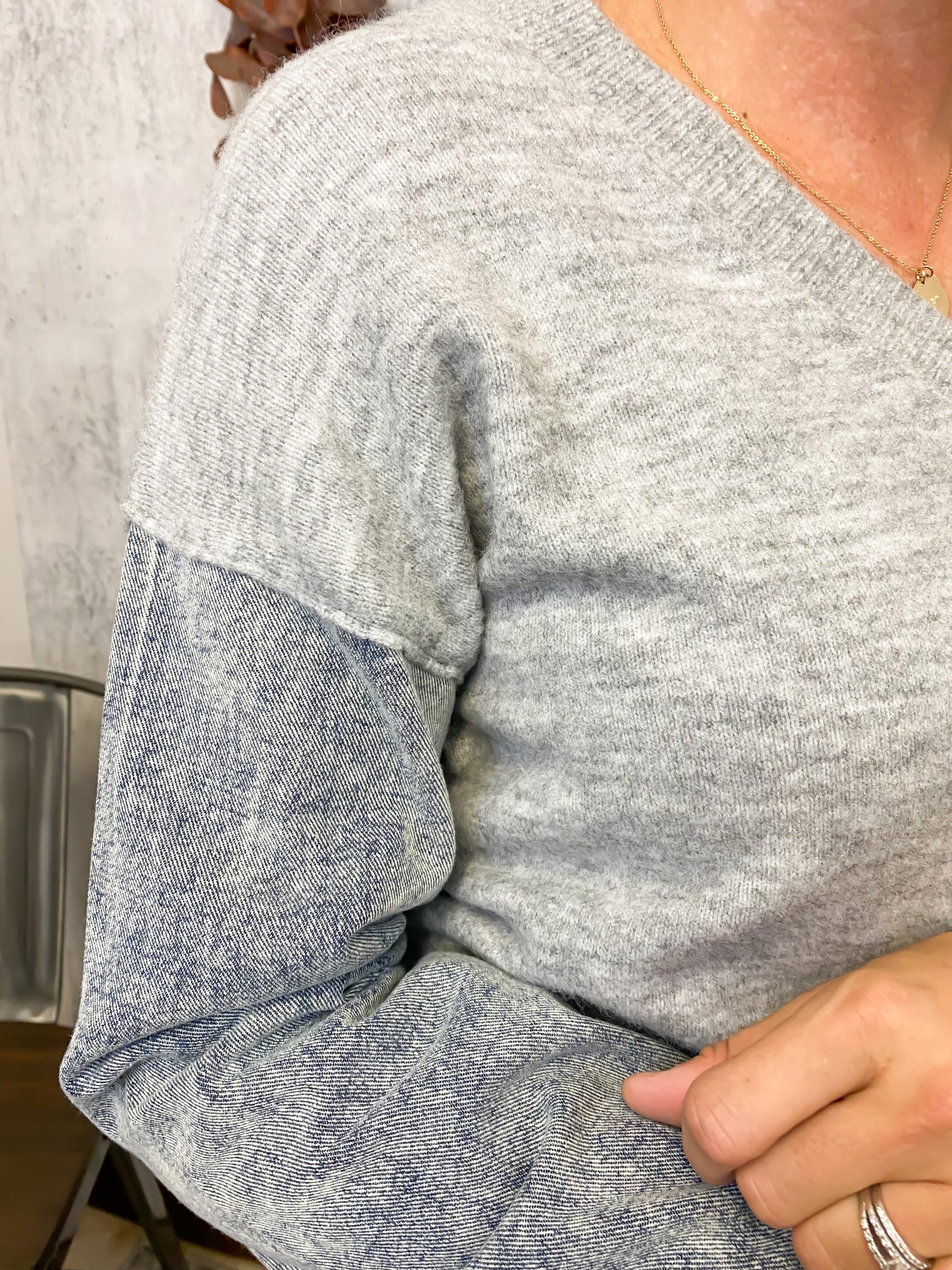 V Neck Denim Sleeve Sweater- Grey
