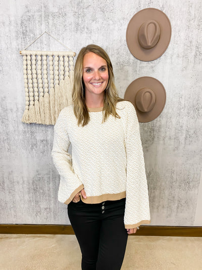 Two Tone Bell Sleeve Sweater- Ivory
