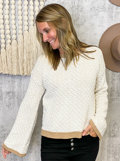 Two Tone Bell Sleeve Sweater- Ivory